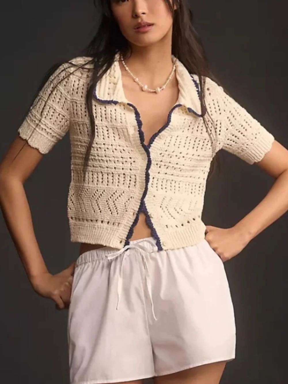 Maeve Short Sleeve Open-Stitch Polo Coastal Chic Preppy Medium Cardigan Sweater